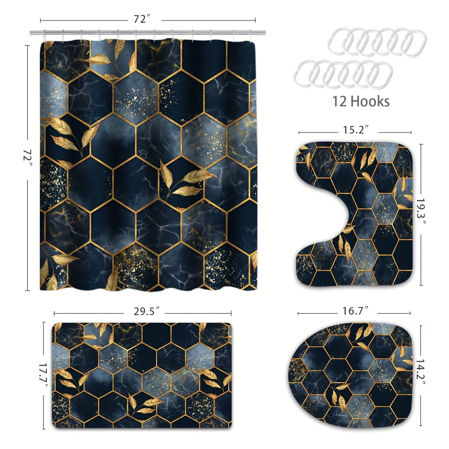 Elegant Gold Shower Curtains - 4pcs Set with Marble Design