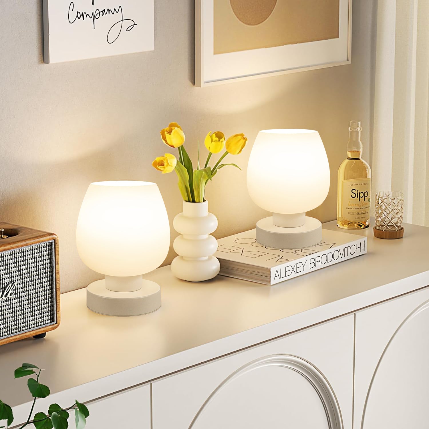 Dimmable Frosted Glass Lamps - Modern Bedside Table Set