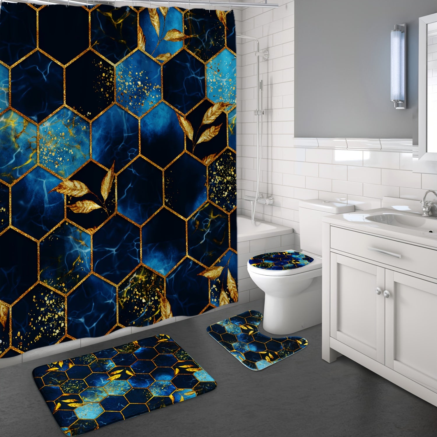 Elegant Gold Shower Curtains - 4pcs Set with Marble Design