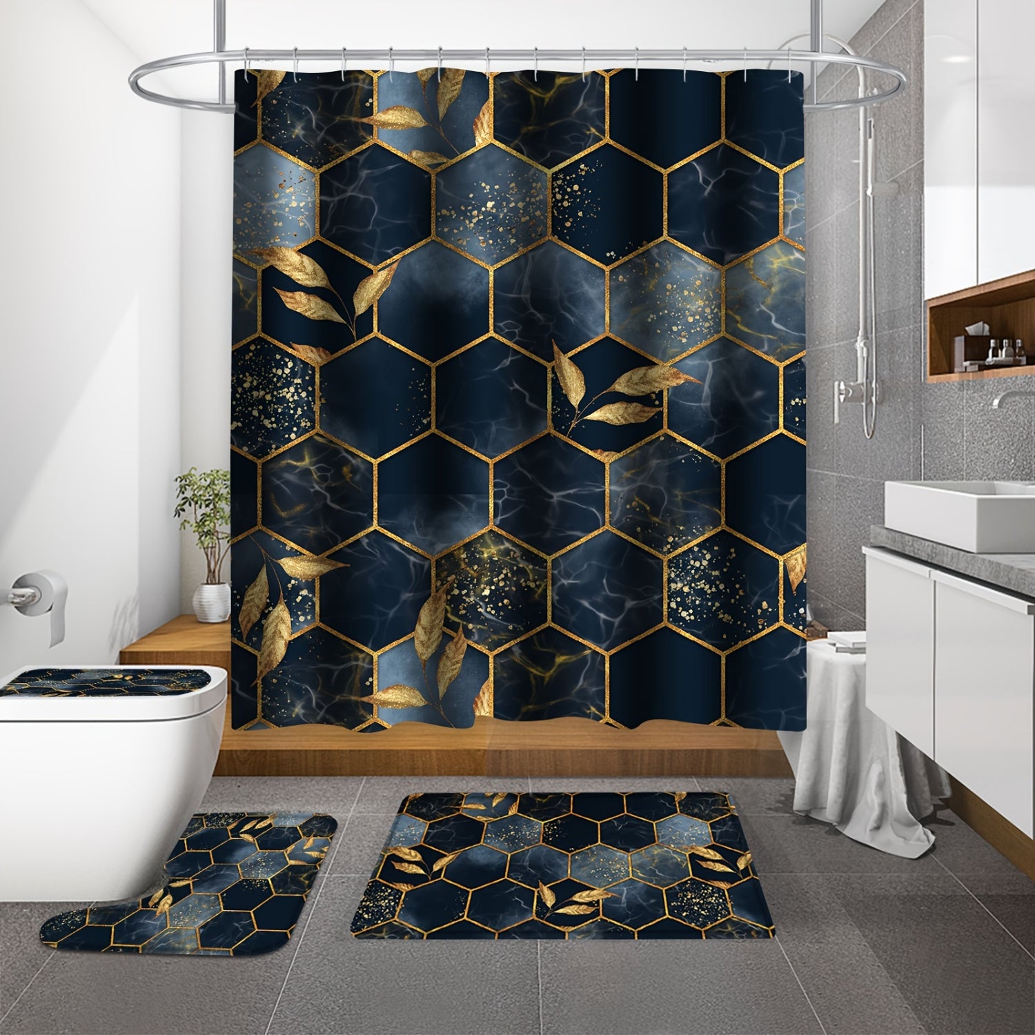 Elegant Gold Shower Curtains - 4pcs Set with Marble Design