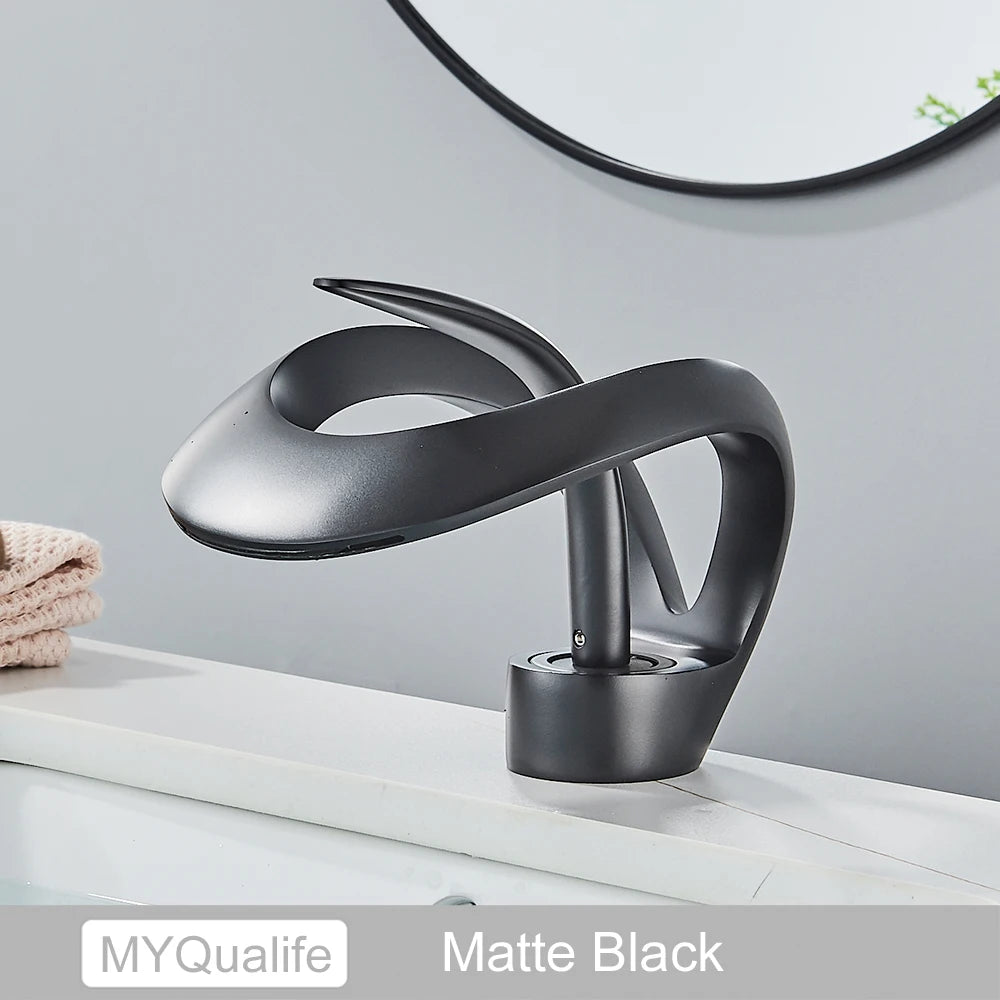 Black Brass Bathroom Waterfall Sink Faucet  