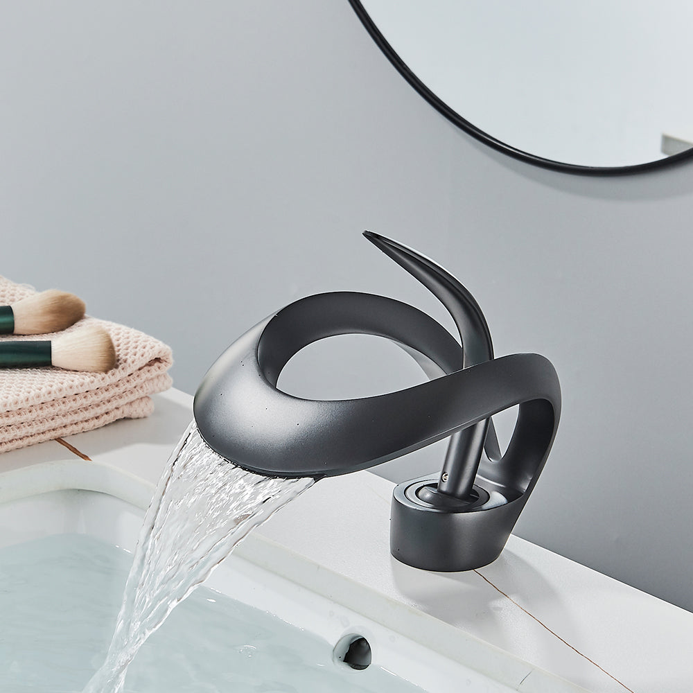 Black Brass Bathroom Waterfall Sink Faucet  
