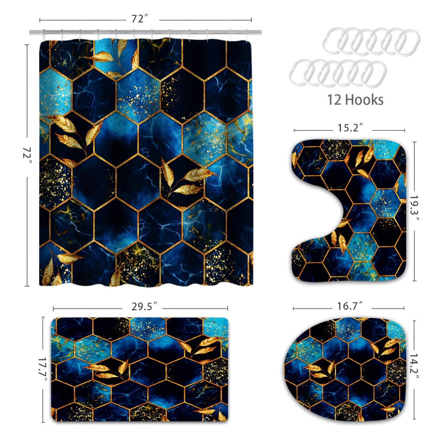 Elegant Gold Shower Curtains - 4pcs Set with Marble Design