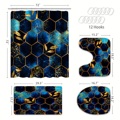 Elegant Gold Shower Curtains - 4pcs Set with Marble Design