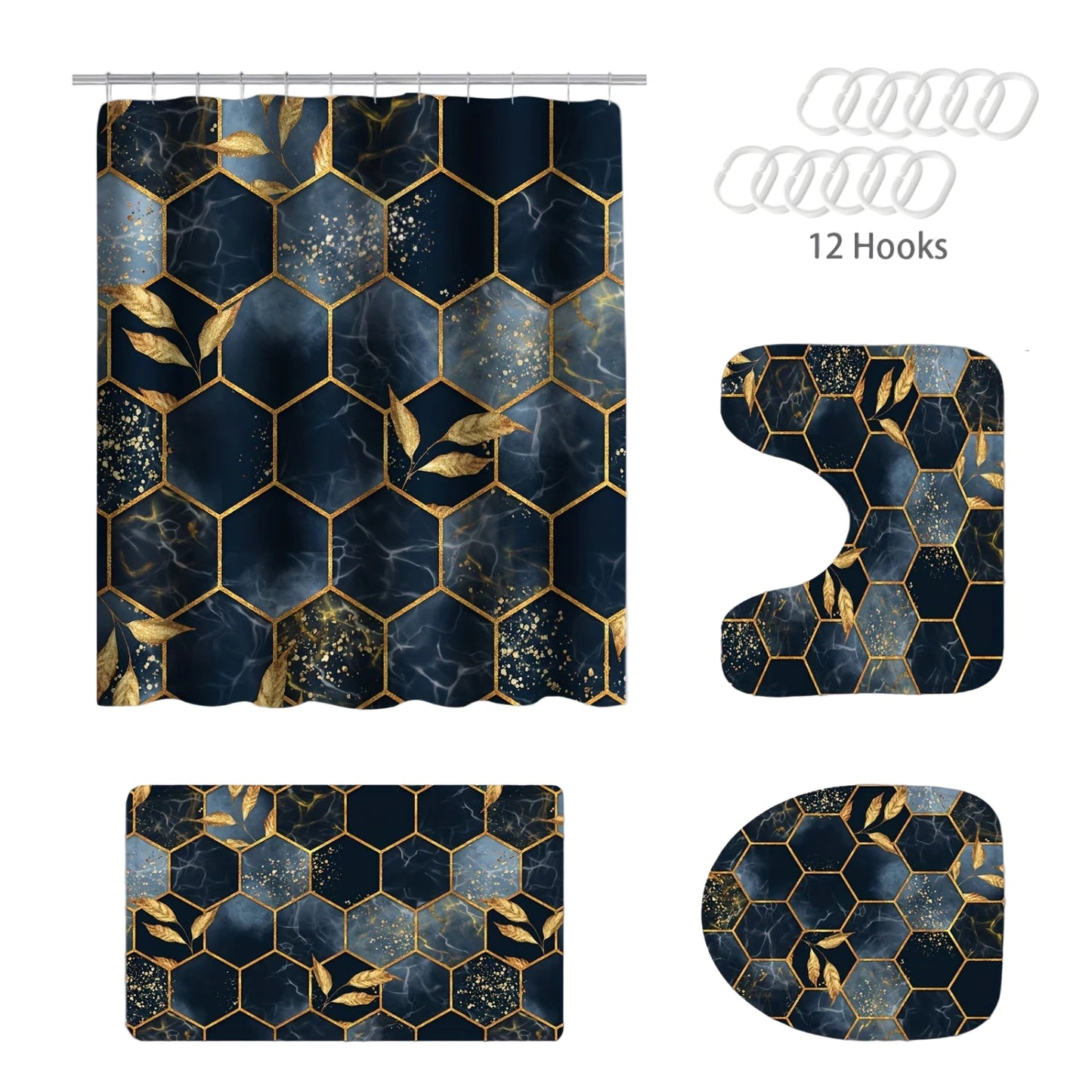 Marble Design Navy & Gold Shower Curtains - 4pc Set plus hooks