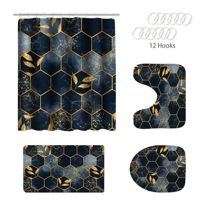Marble Design Navy & Gold Shower Curtains - 4pc Set plus hooks