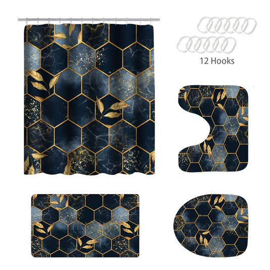 Marble Design Navy & Gold Shower Curtains - 4pc Set plus hooks