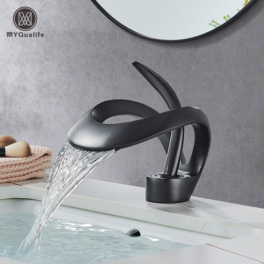 Black Brass Bathroom Waterfall Sink Faucet  